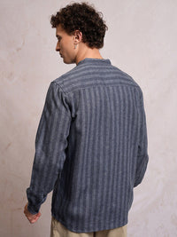 LOCOMOTIVE Men Blue Linen Blend Textured Striper Stand-Up Collar Regular Shirt