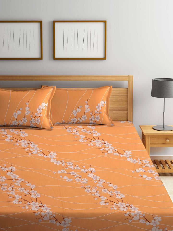KLOTTHE Orange & White Floral-Printed 130GSM Pure-Cotton Fitted Double King Bedsheet Set