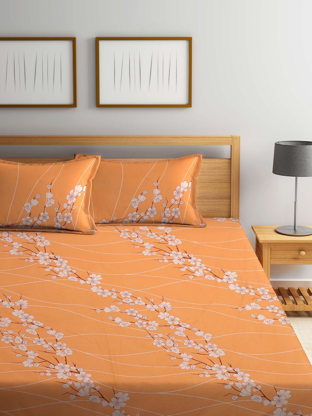 KLOTTHE Orange & White Floral-Printed 130GSM Pure-Cotton Fitted Double King Bedsheet Set