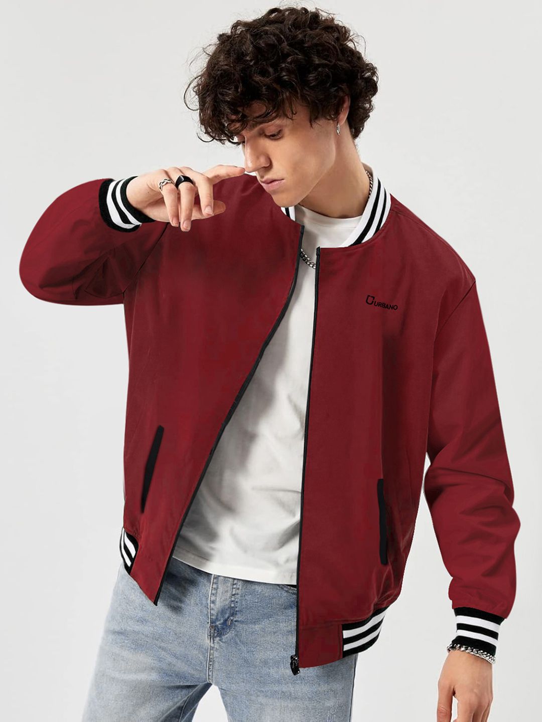 Urbano Fashion Men Cotton Zippered Varsity Jacket