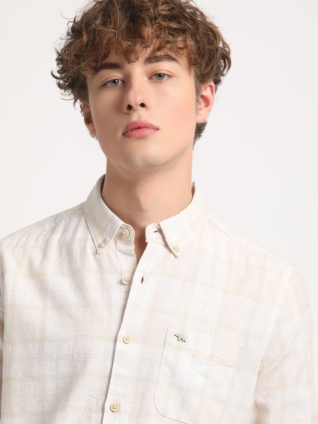 THE BEAR HOUSE Slim Fit Checked Cotton Linen Casual Shirt