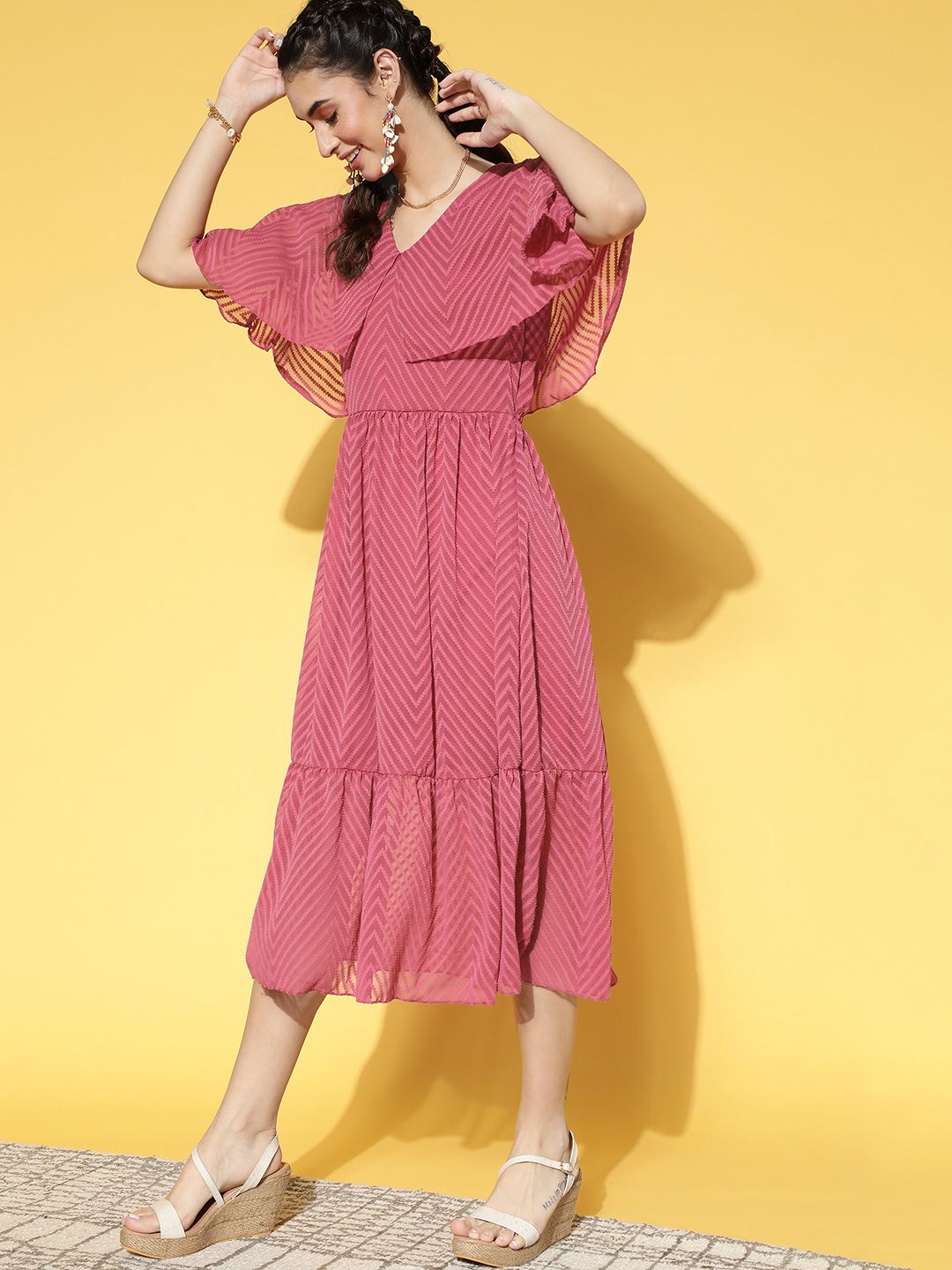 Athena Women Alluring Fuchsia Self-Design Volume Play Dress