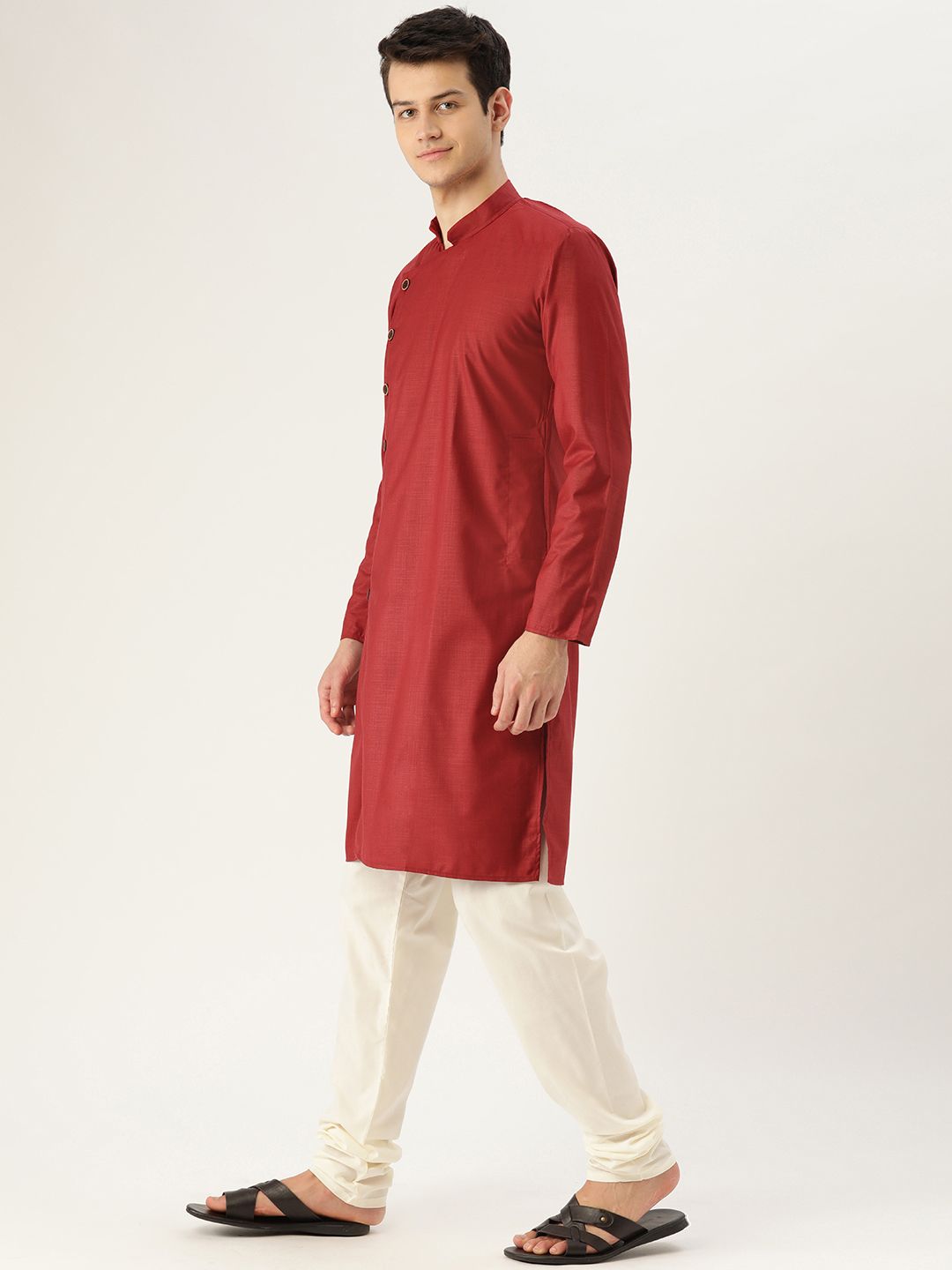 SOJANYA Lelaki Maroon Solid Angrakha Kurta Lurus