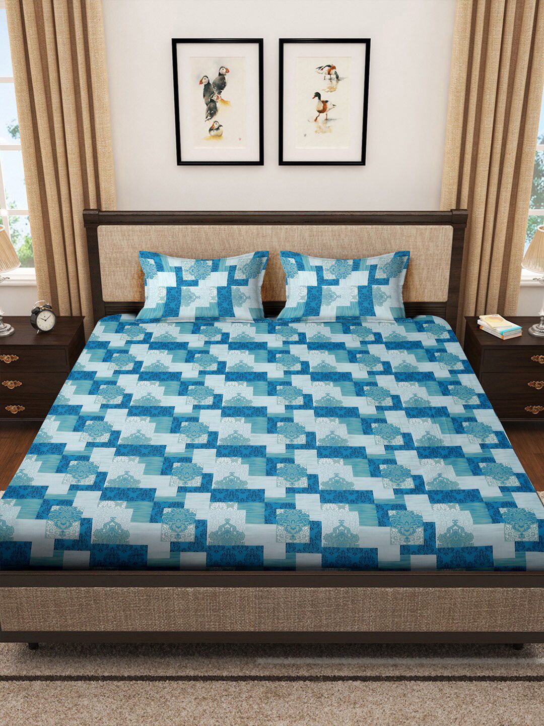 KLOTTHE Blue Printed 400 TC Pure Cotton Super King Bedsheet With 2 Pillow Cover