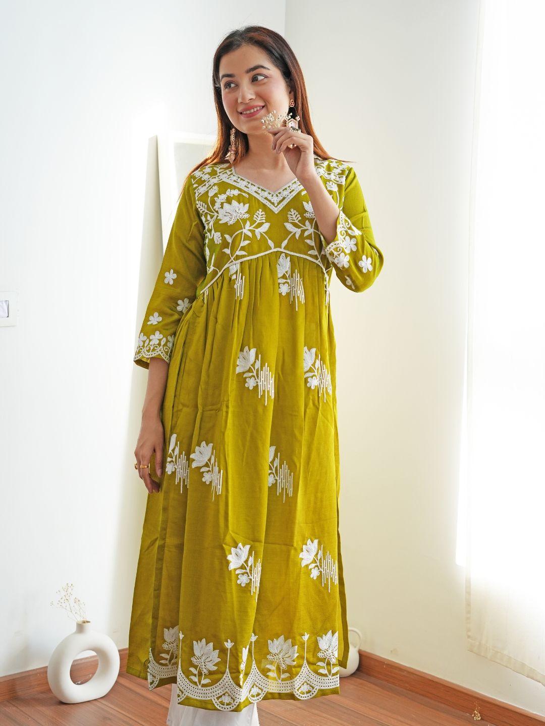 KALINI Women Floral Printed Flared Sleeves Thread Work Summer Sheers Kurta