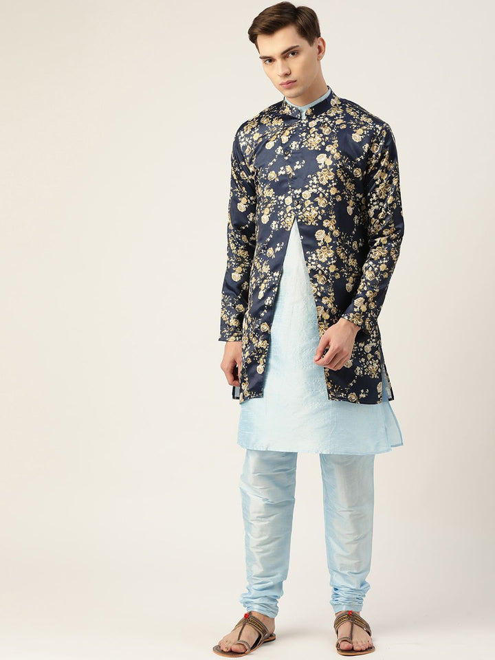 SOJANYA Men Blue & Beige Floral Printed Kurta with Churidar