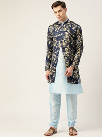 SOJANYA Men Blue & Beige Floral Printed Kurta with Churidar