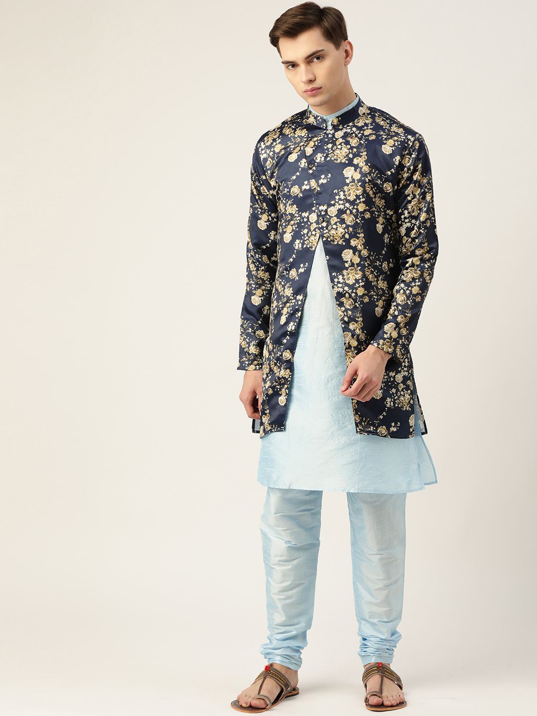 SOJANYA Men Blue & Beige Floral Printed Kurta with Churidar
