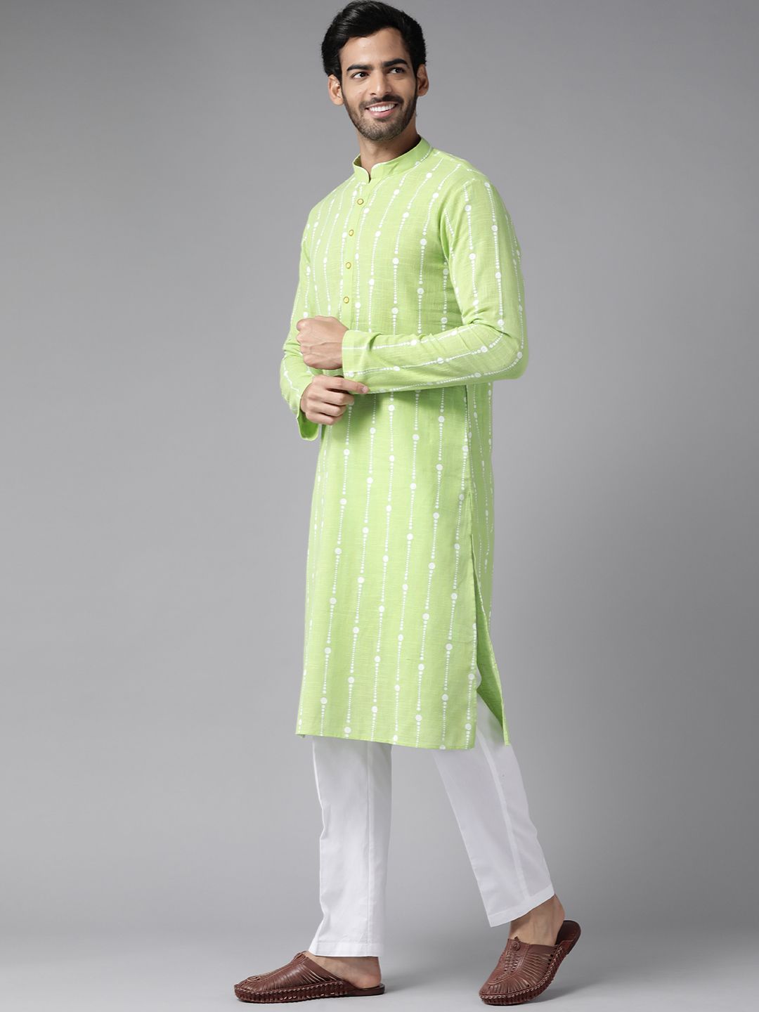See Designs Men Lime Green & White Pure Cotton Printed Kurta with Pyjamas