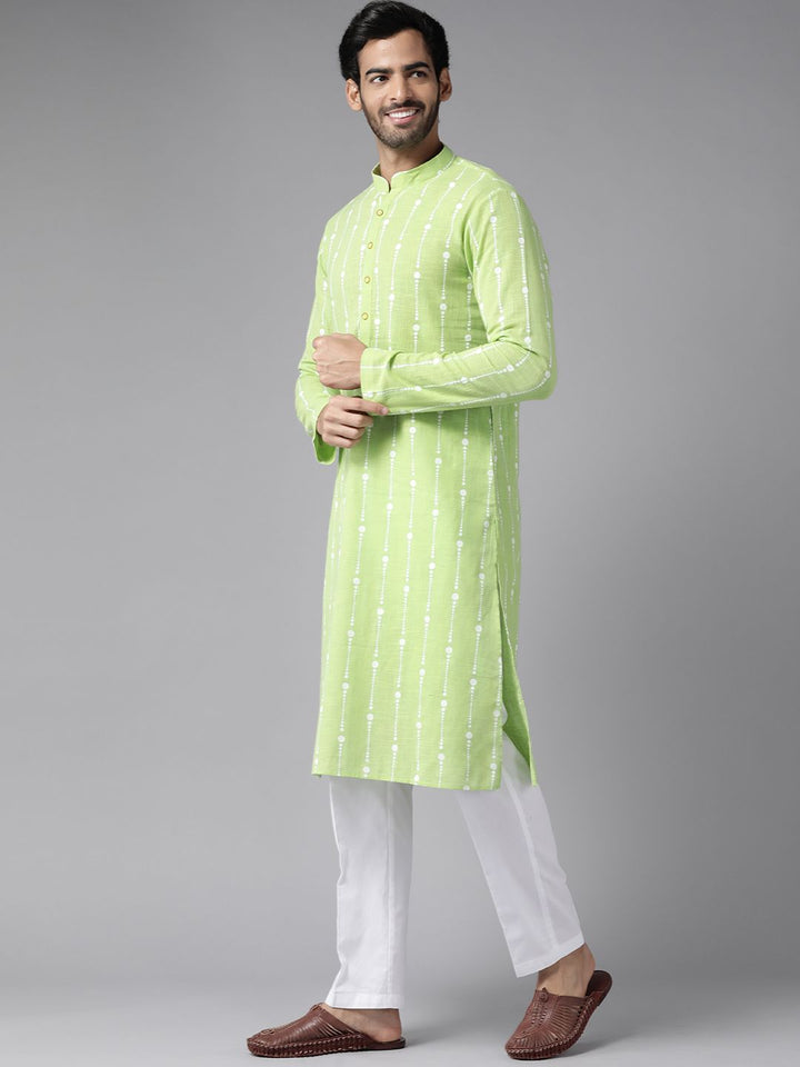 See Designs Men Lime Green & White Pure Cotton Printed Kurta with Pyjamas