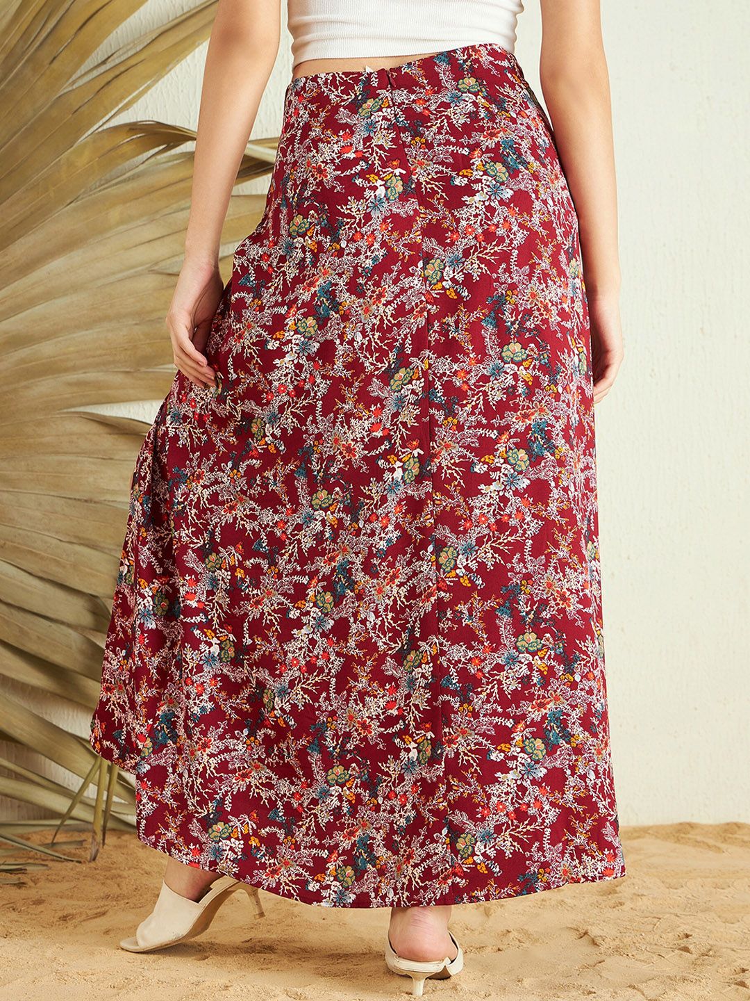 Berrylush Maroon Floral Printed High Rise Side Slit Maxi Skirt