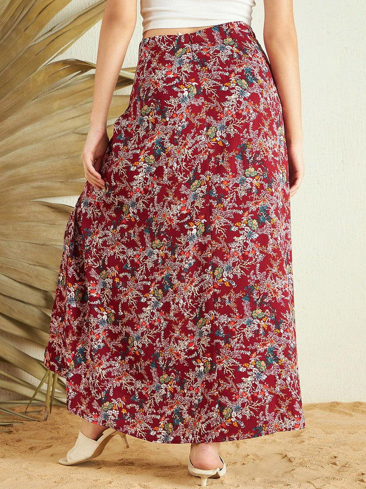 Berrylush Maroon Floral Printed High Rise Side Slit Maxi Skirt