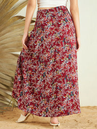 Berrylush Maroon Floral Printed High Rise Side Slit Maxi Skirt