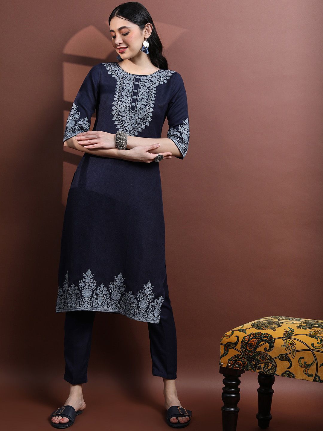 Vishudh Embroidered Faux Pashmina Kurta with Trousers