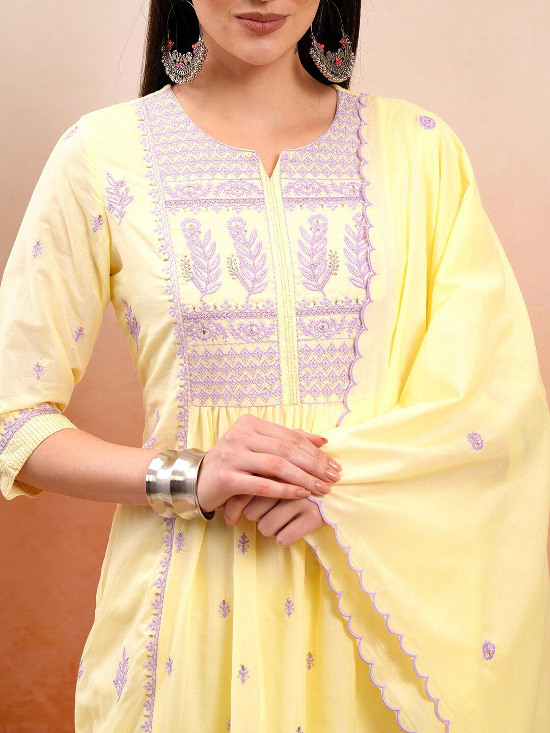 Vishudh Yellow Embroidered Thread Work Pure Cotton A-Line Kurta With Trousers & Dupatta