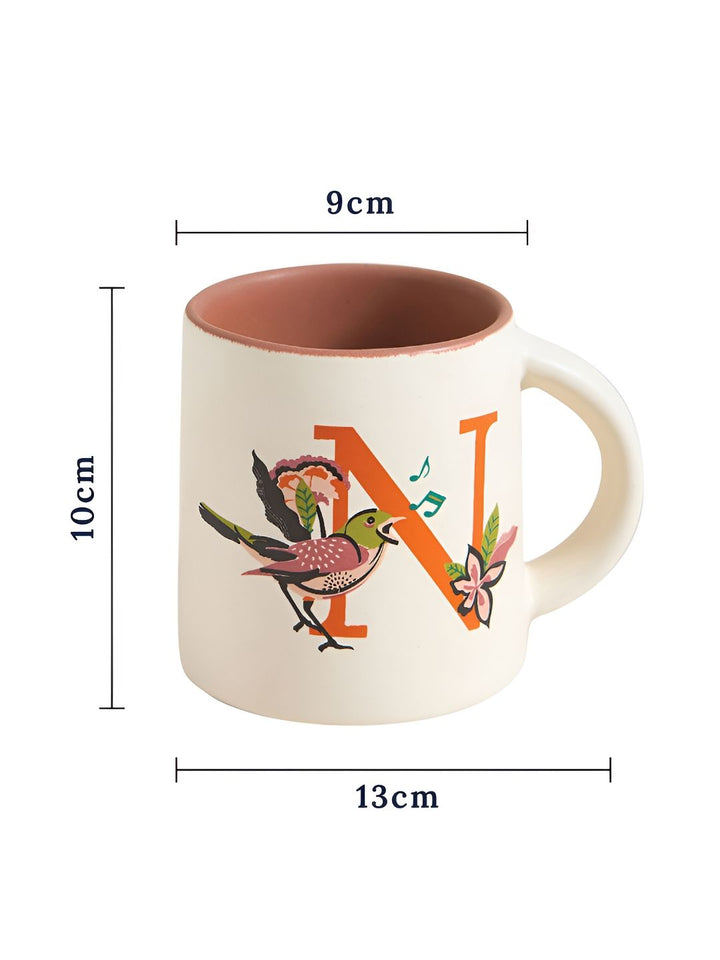 Chumbak Off White &amp; Orange Printed Ceramic Glossy Mug 300 ml