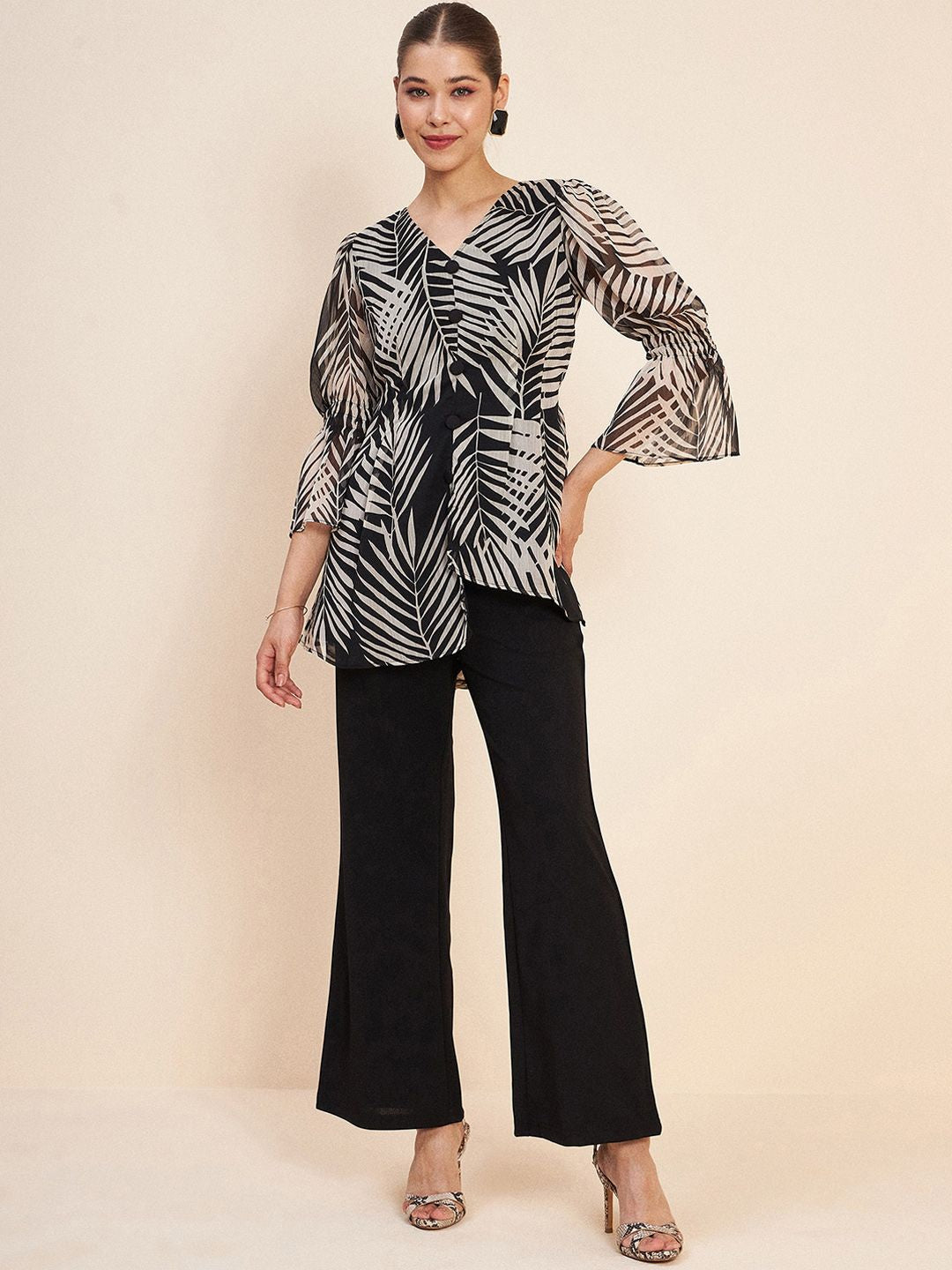 Antheaa Black Conversational Printed V-Neck Puff Sleeve Co-Ords