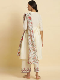 W Floral Embroidered Thread Work Pure Cotton A Line Kurta With Trousers & Dupatta