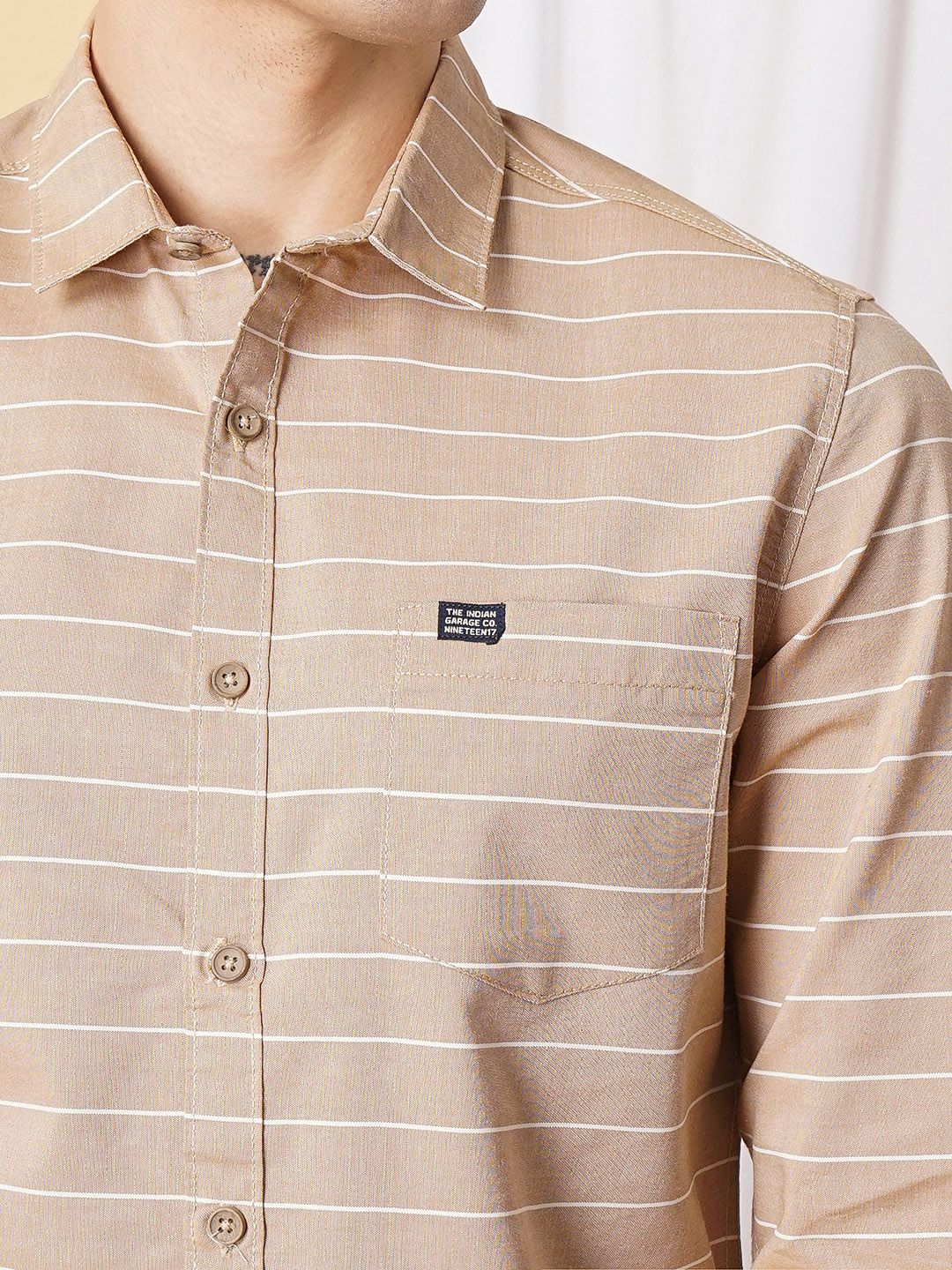 The Indian Garage Co Men Khaki Slim Fit Striped Pure Cotton Casual Shirt