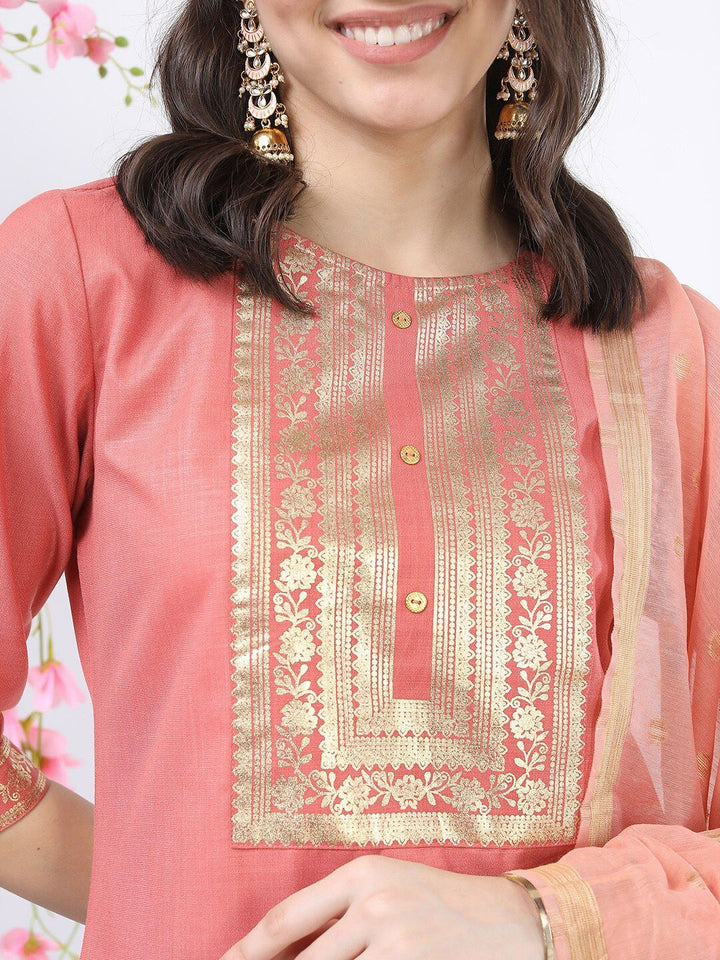 Vishudh Women Coral Yoke Design Kurti with Palazzos & With Dupatta