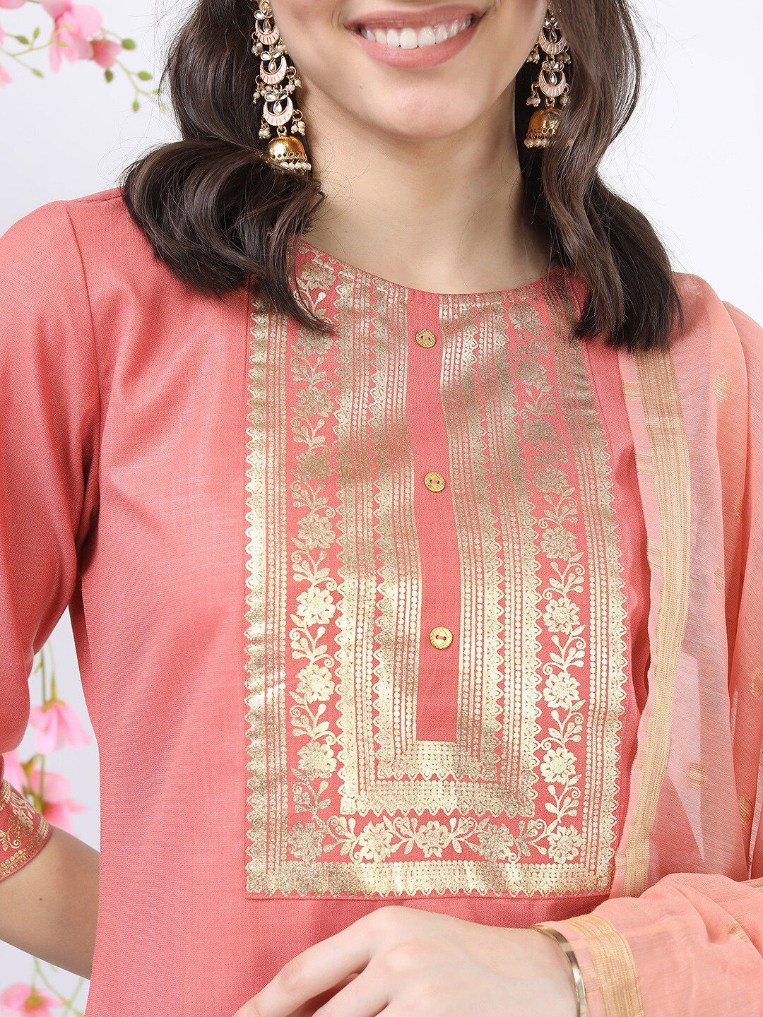 Vishudh Women Coral Yoke Design Kurti with Palazzos & With Dupatta