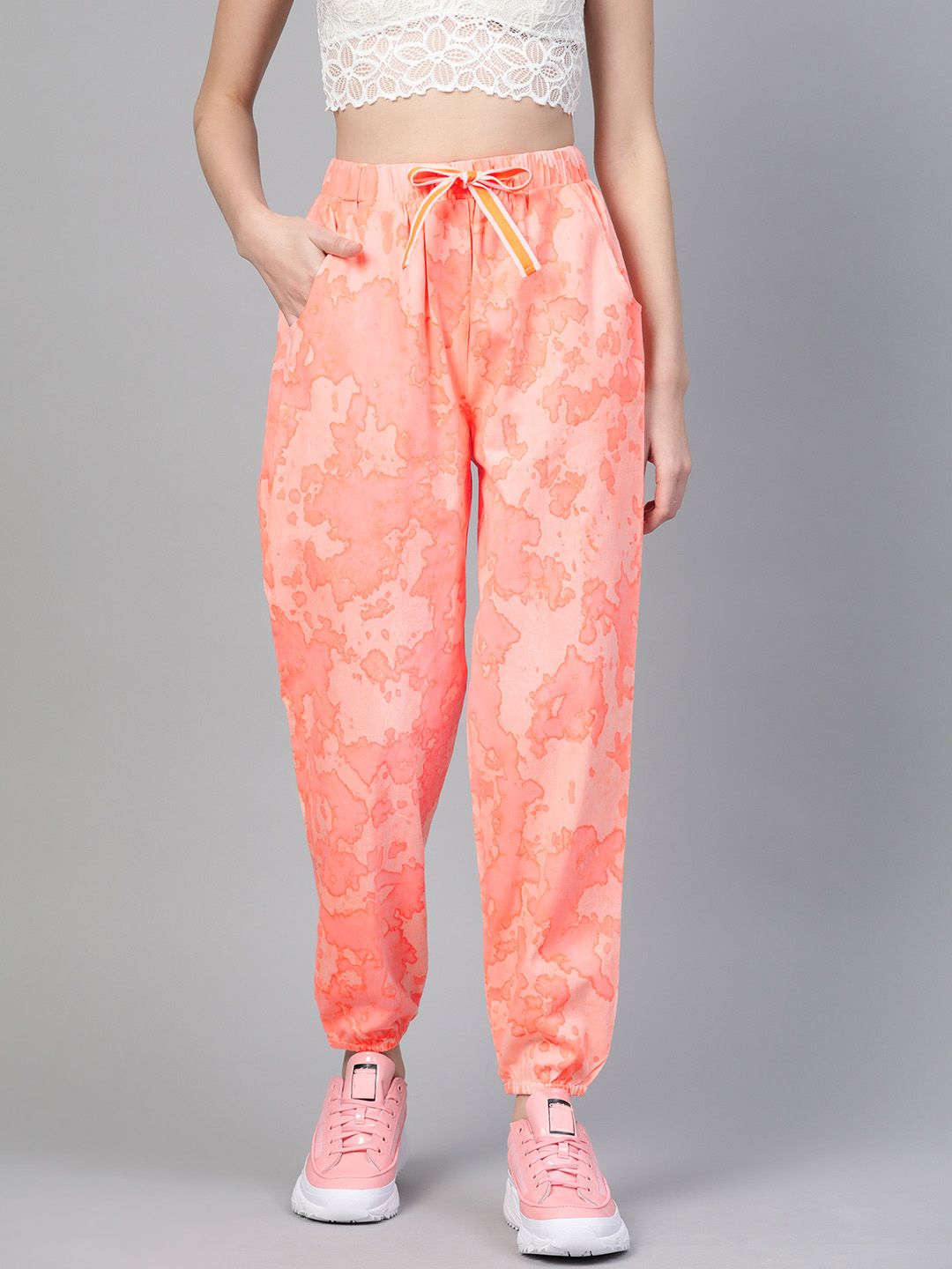 SASSAFRAS Women Peach-Coloured Tie & Dye Twill Pure Cotton Joggers