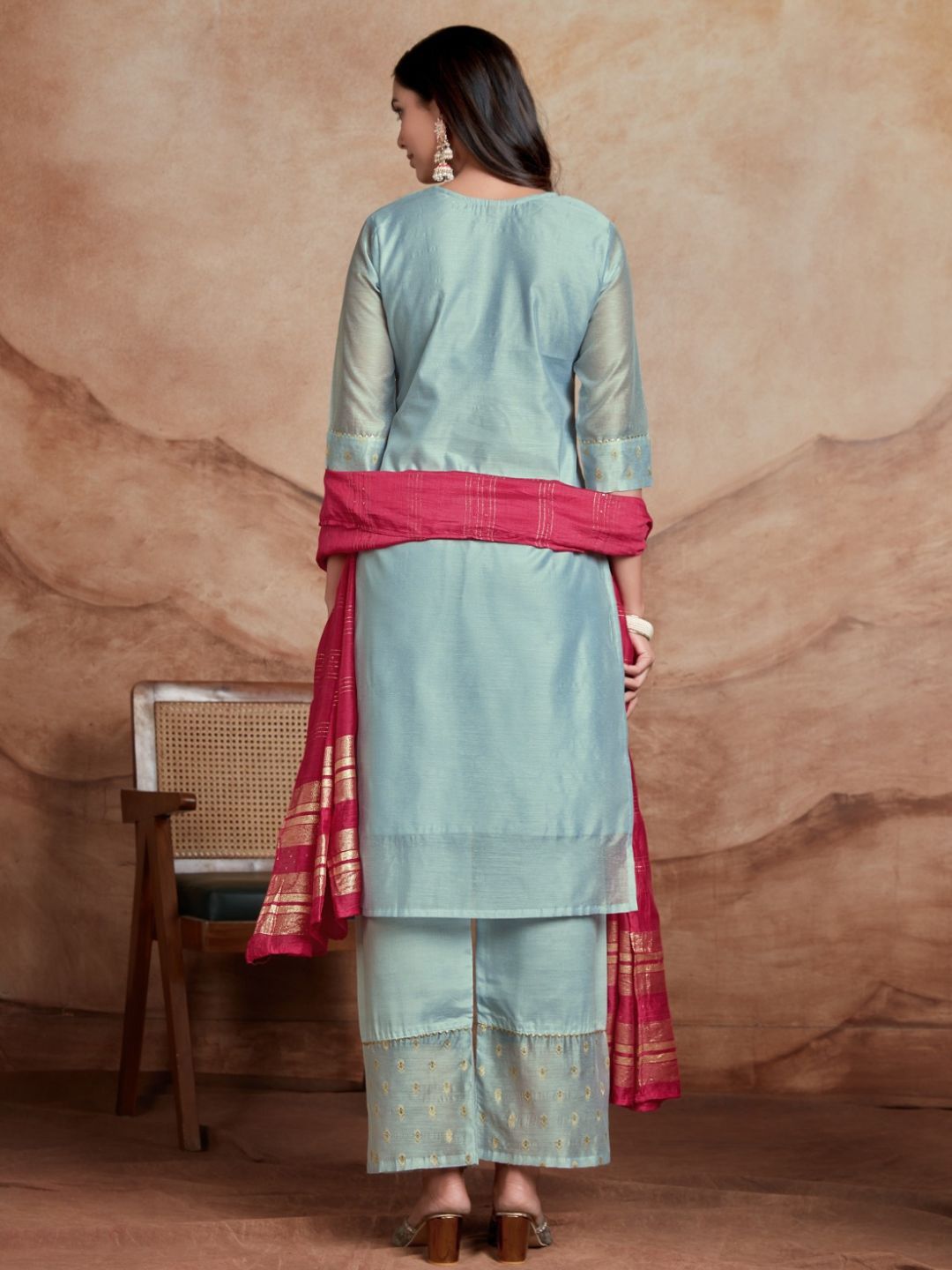 KALINI Ethnic Motifs Embroidered Round Neck Sequinned Kurta with Palazzos & Dupatta