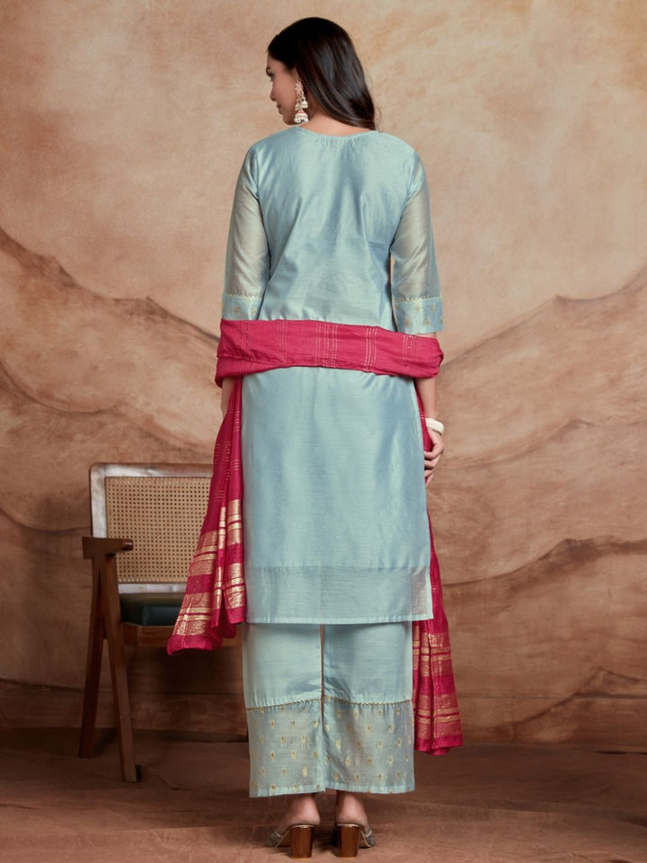 KALINI Ethnic Motifs Embroidered Round Neck Sequinned Kurta with Palazzos & Dupatta