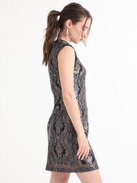RAREISM High Neck Sleeveless Sequin Embellished Sheath Above Knee Dress