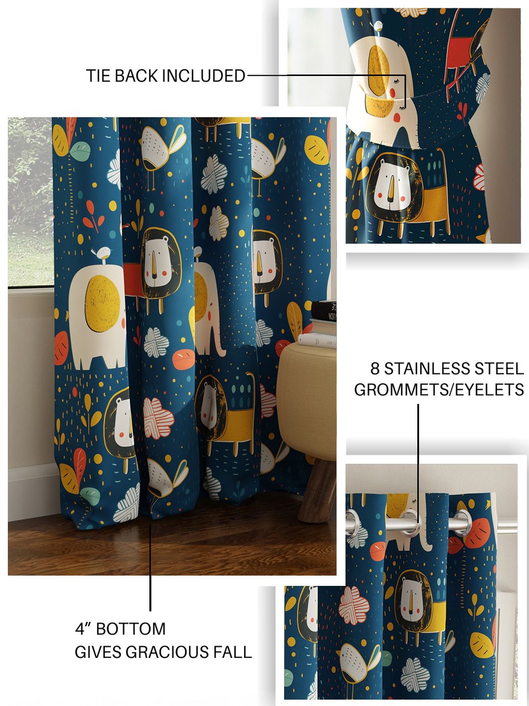 URBAN SPACE Blue & White Quirky Room Darkening Window Curtain