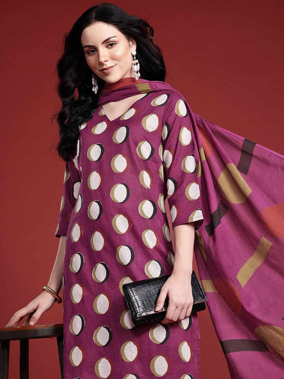 Anouk Geometric Printed Kurta with Trousers & With Dupatta