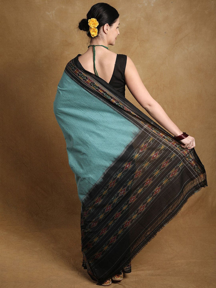Exotic India Cotton Sambalpuri Coastal Shade Saree with Ikat Woven Border