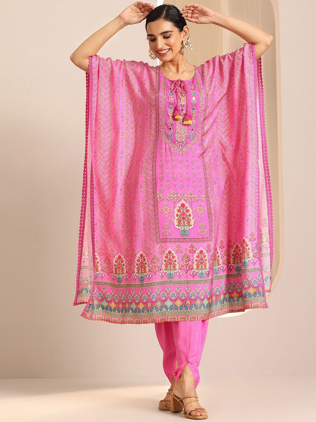 Libas Ethnic Motifs Printed Panelled Mirror Work Tie-Up Neck Kaftan Kurta With Salwar