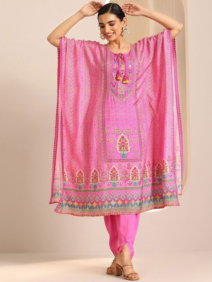 Libas Ethnic Motifs Printed Panelled Mirror Work Tie-Up Neck Kaftan Kurta With Salwar