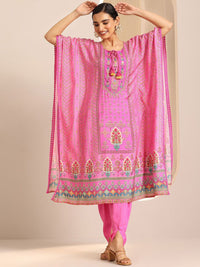 Libas Ethnic Motifs Printed Panelled Mirror Work Tie-Up Neck Kaftan Kurta With Salwar