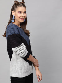 STREET 9 Women Blue & Black Colourblocked Pullover Sweater