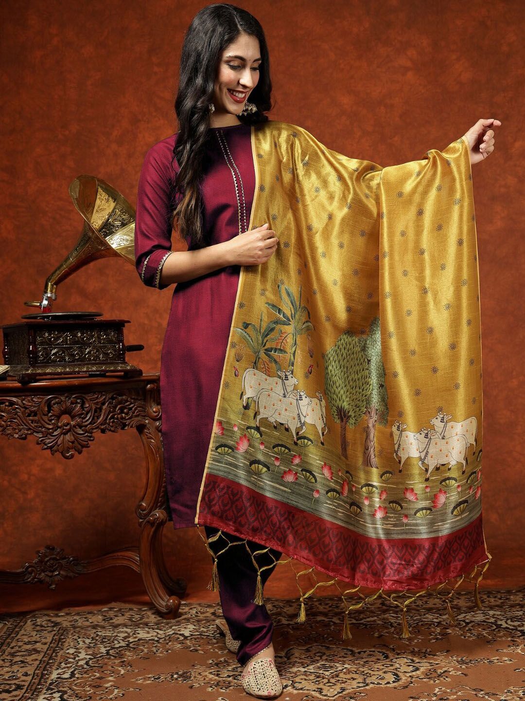 Kalini Women Straight Kurta Pant Set With Digital Print Dupatta