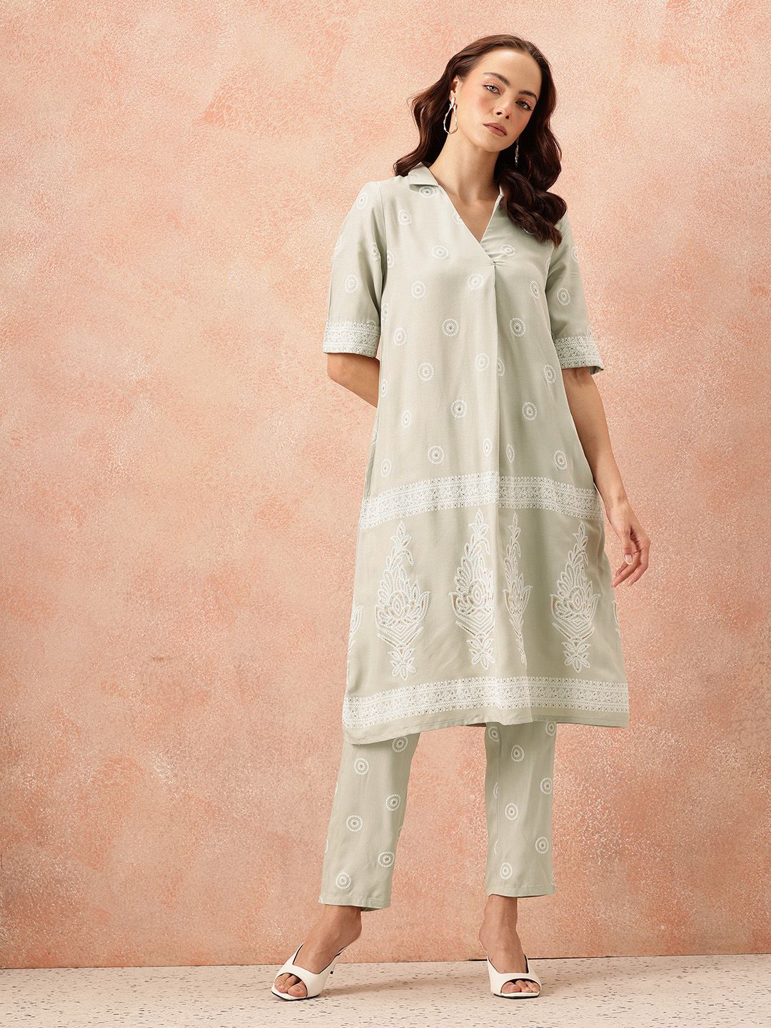 all about you Ethnic Motifs Printed Shirt Collar A-Line Kurta with Trousers