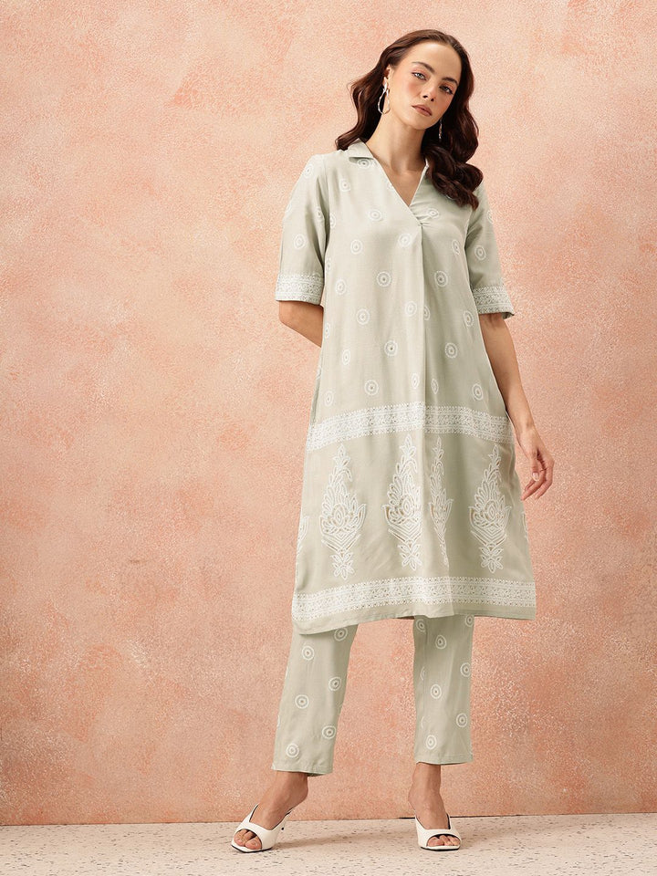 all about you Ethnic Motifs Printed Shirt Collar A-Line Kurta with Trousers