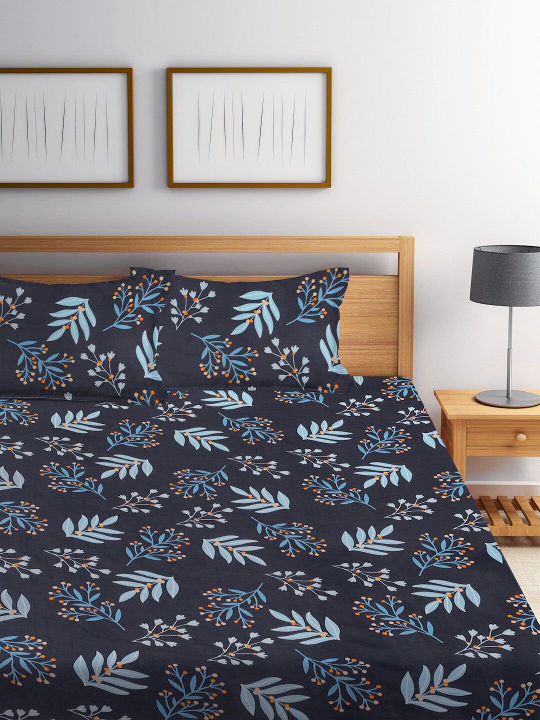 KLOTTHE Blue Floral Cotton 300 TC King Fine Bedsheet with 2 Pillow Covers-250 x 220 cm