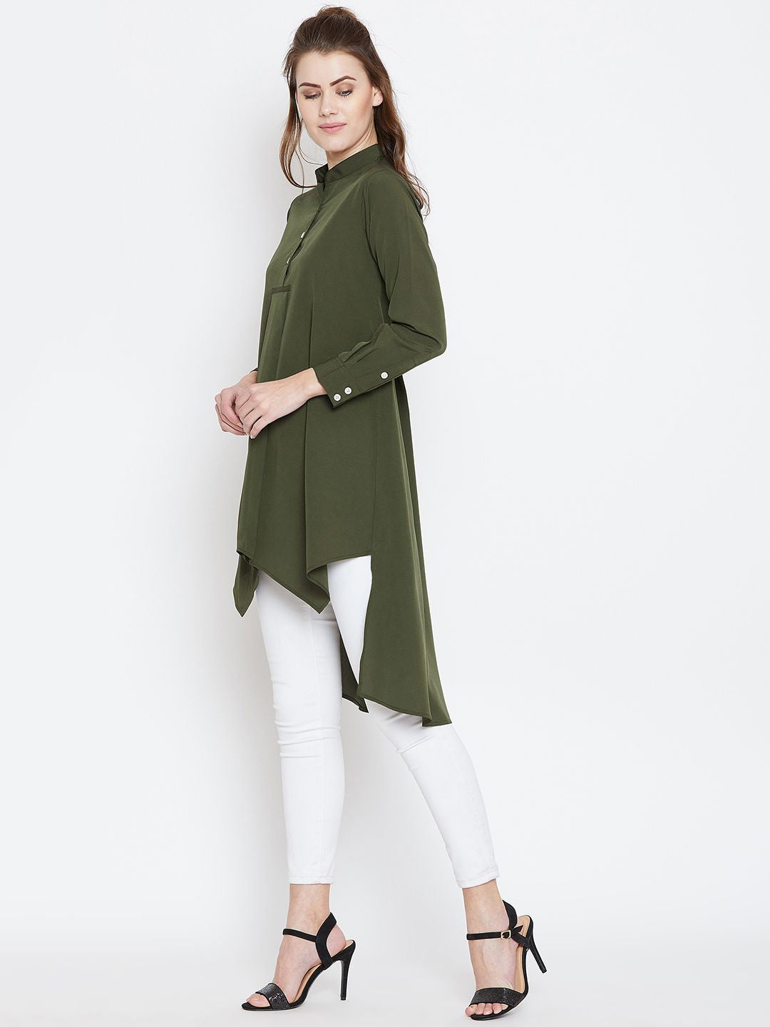 Berrylush Women Olive Green Solid High-Low Top