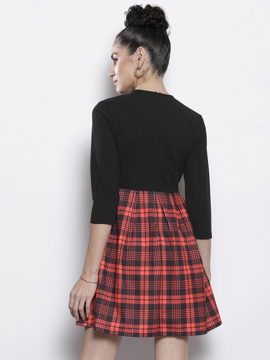 SASSAFRAS Red & Black Knit Pleated Skater Dress