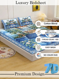 Moda Rapido X KLOTTHE Blue & White Floral 400 TC King Bedsheet with 2 Pillow Covers