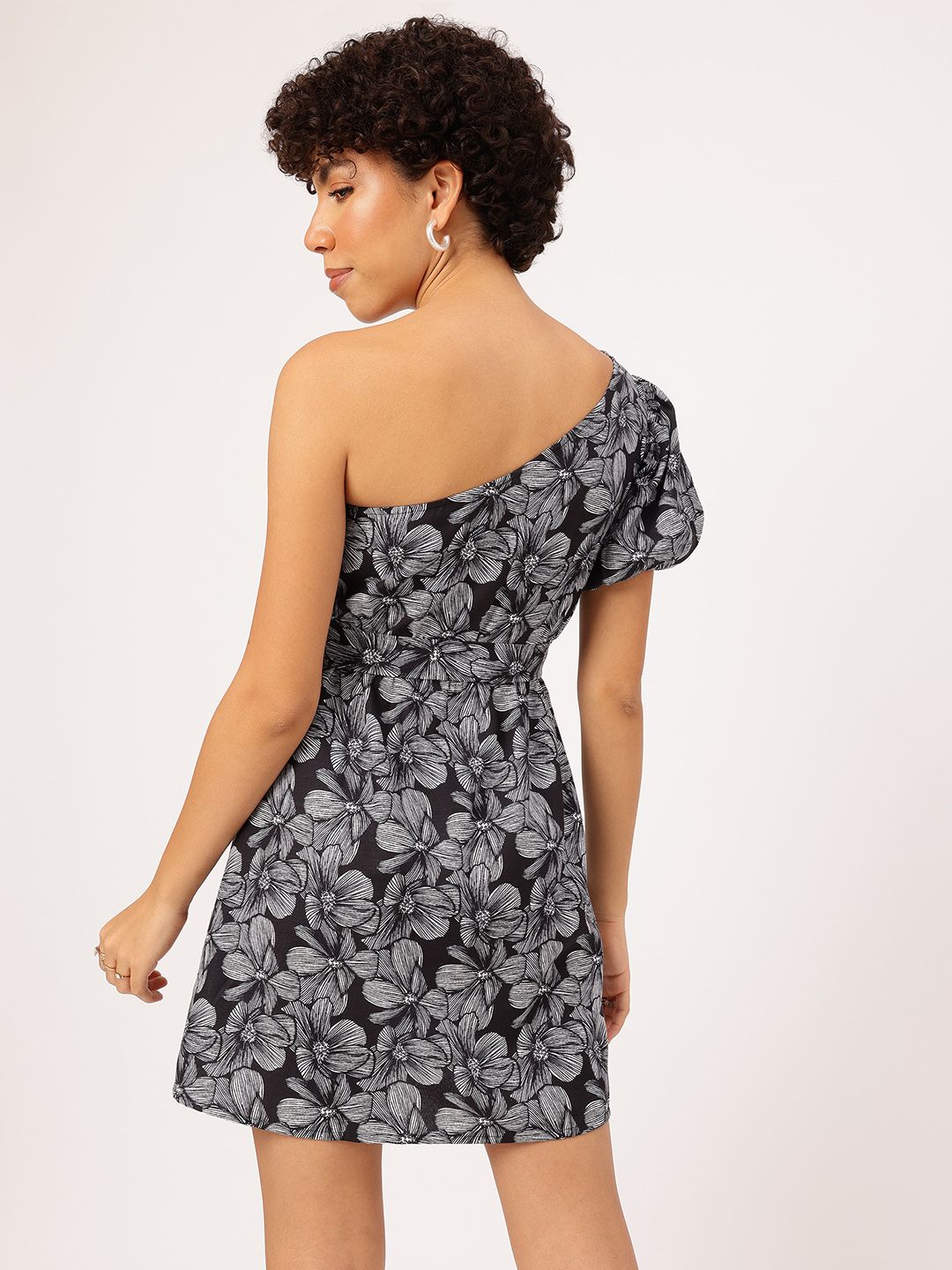DressBerry Sketchy Monochrome One Shoulder Floral Tie-up Detailed Fit & Flare Dress