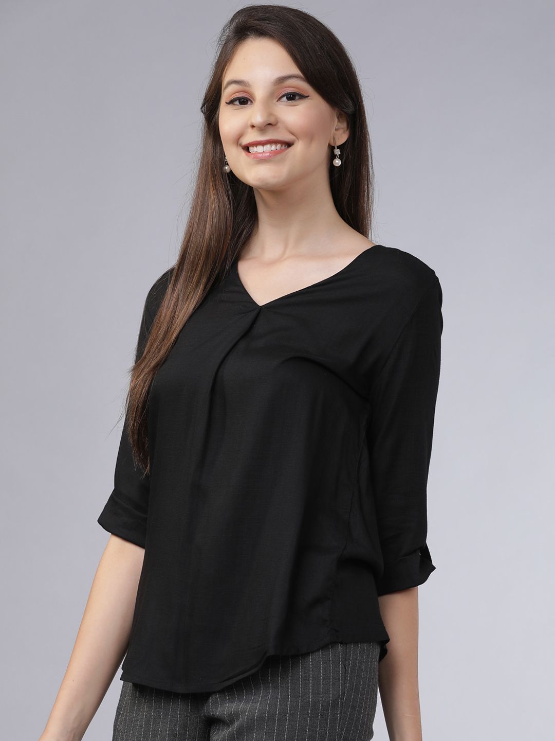 Basics By Tokyo Talkies Black V-Neck Top With Roll-Up Sleeves