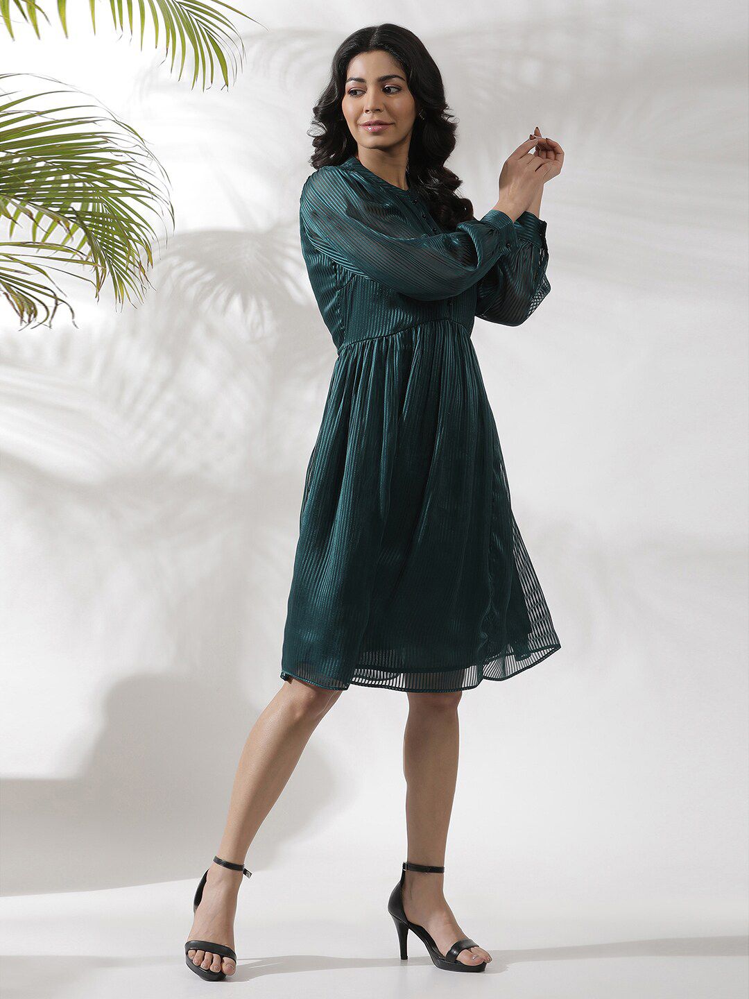 W Self Design Striped Fit & Flare Dress