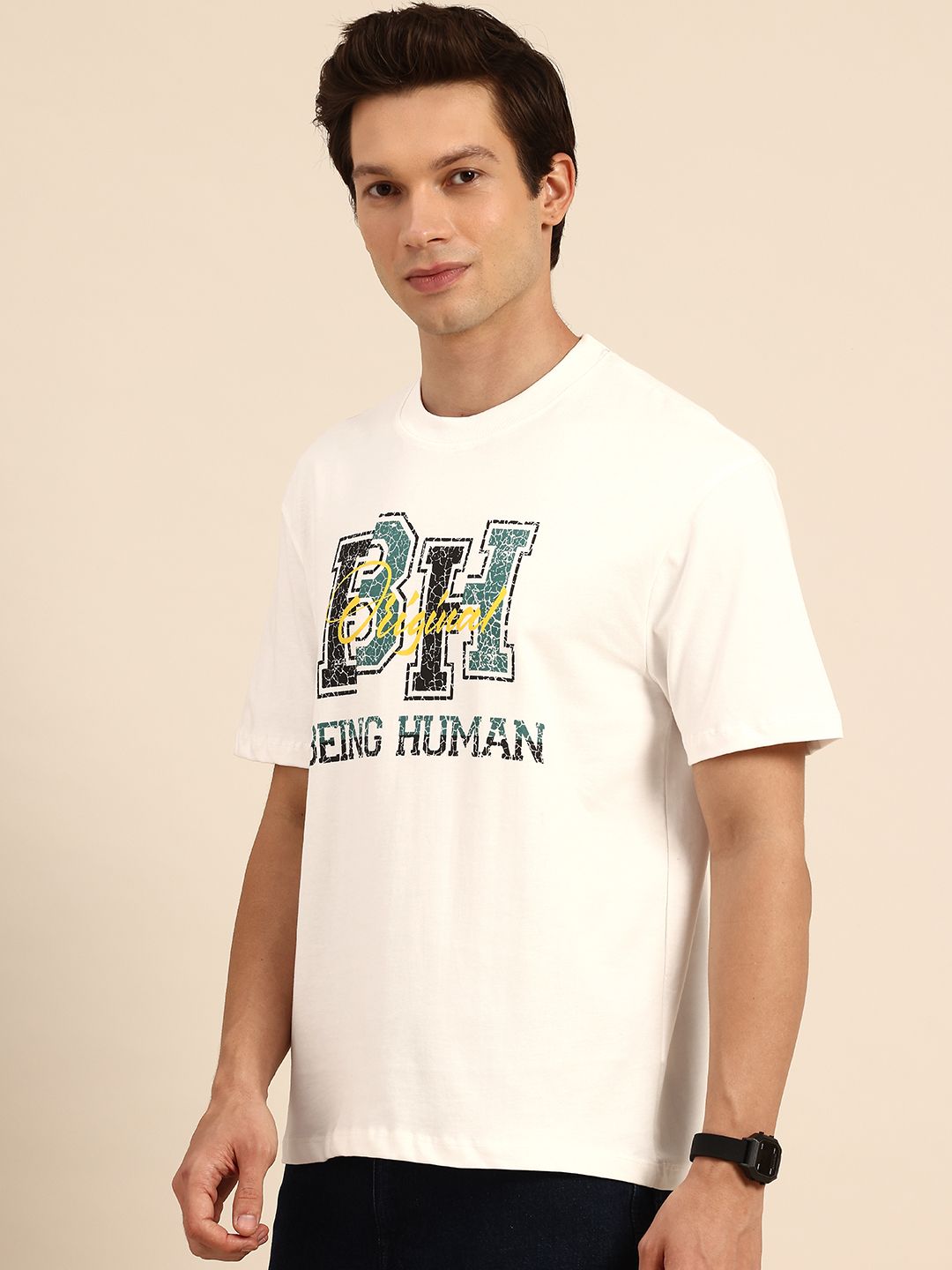 Being Human Brand Logo Printed Drop-Shoulder Sleeves Pure Cotton T-shirt