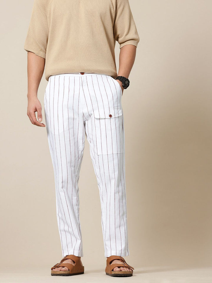 Mr Bowerbird Men Cotton Flax Liberal Fit Striped Trousers