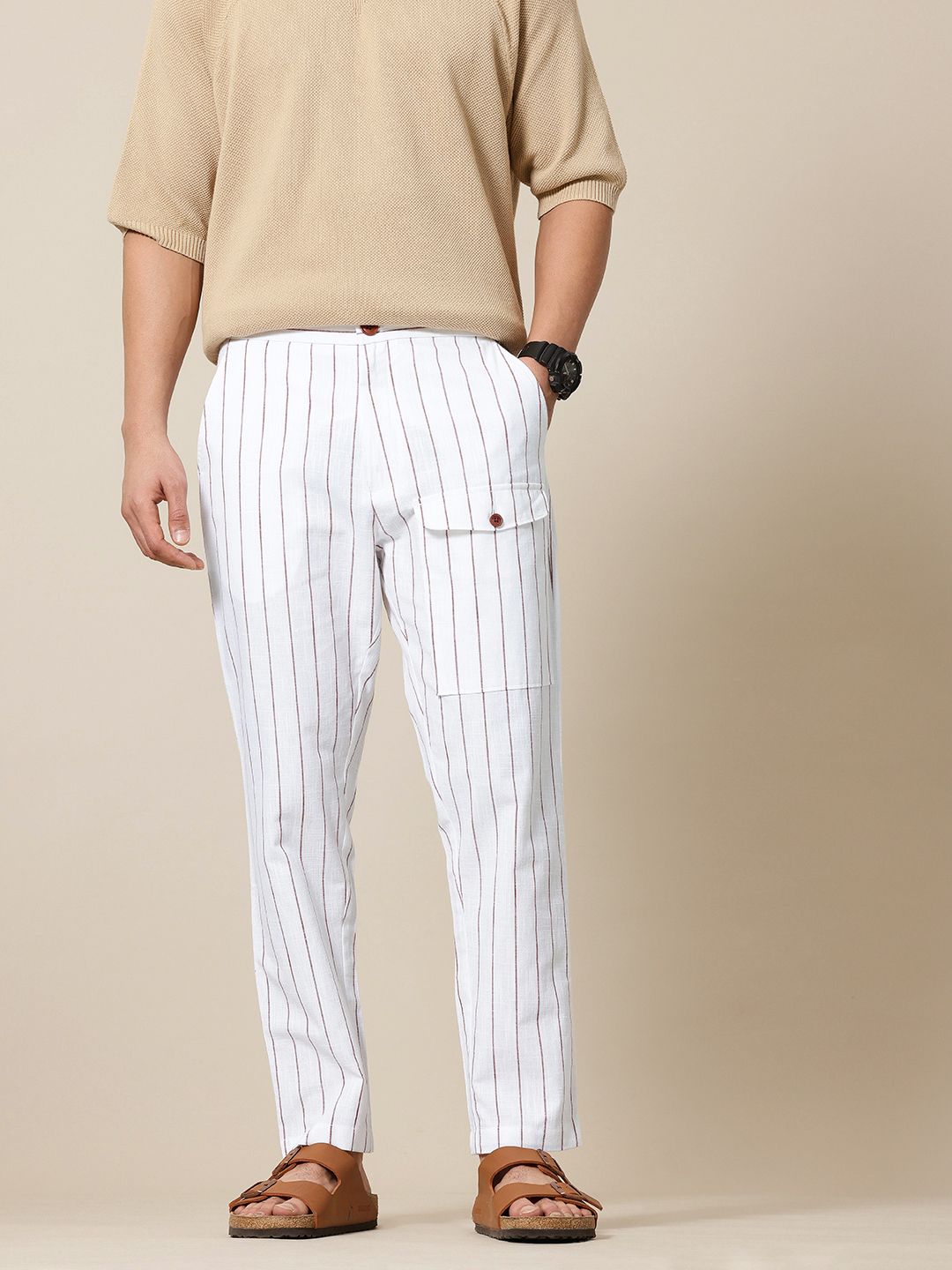 Mr Bowerbird Men Cotton Flax Liberal Fit Striped Trousers