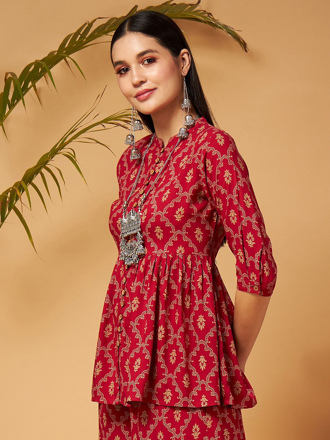 Shae by SASSAFRAS Maroon Ethnic Printed Mandarin Collar Liva A-Line Top